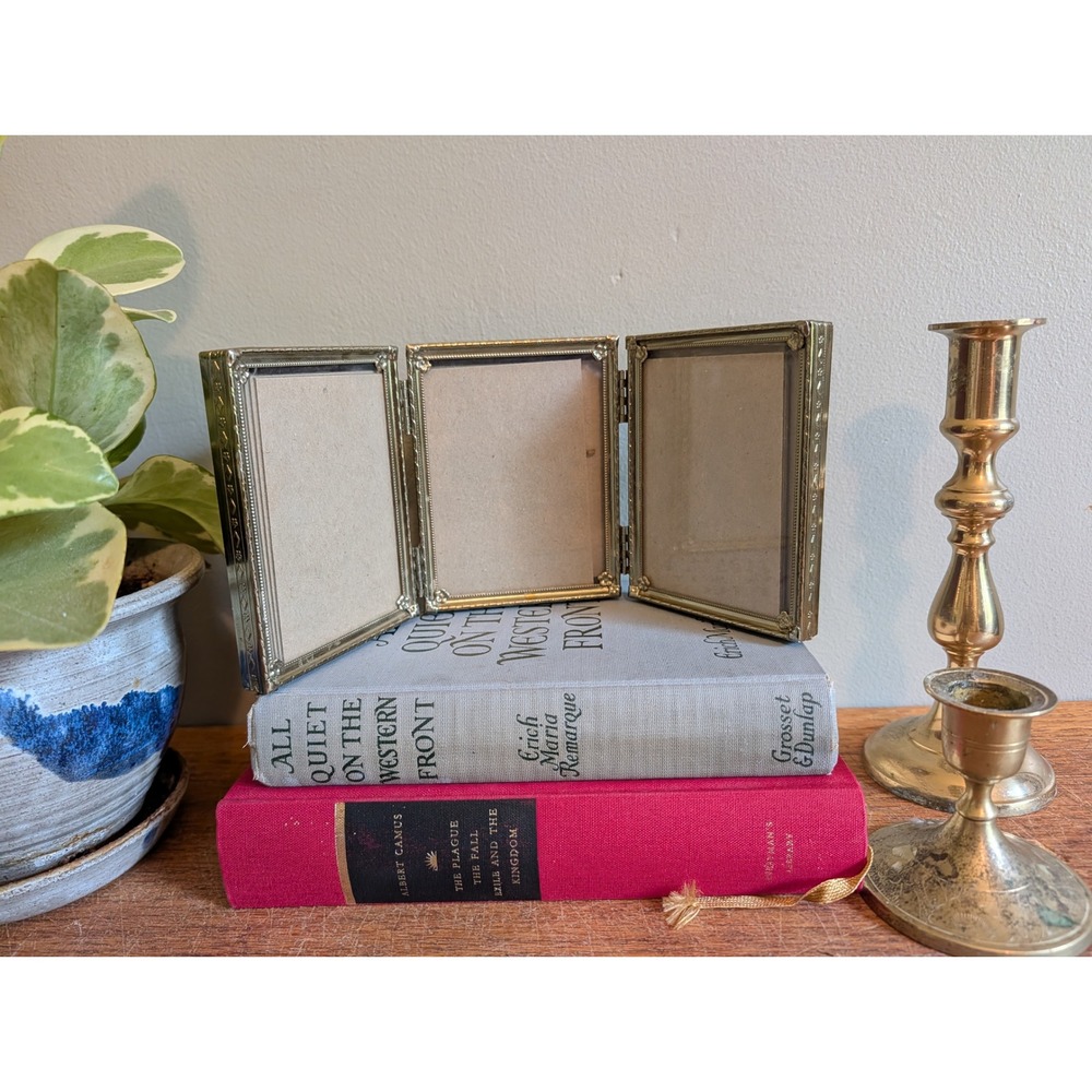 Vintage Mid Century Brass Toned Triptych Hinged Picture Frame Floral Embossed
